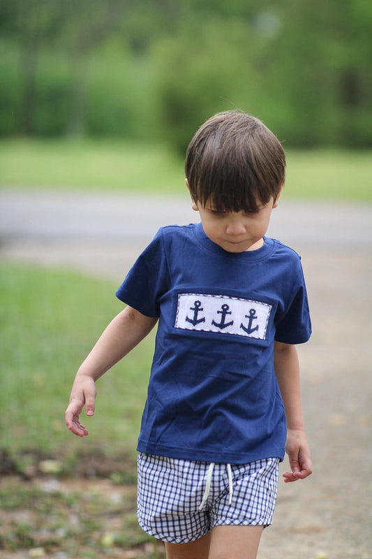 Navy Smocked Anchor Boy Short Set