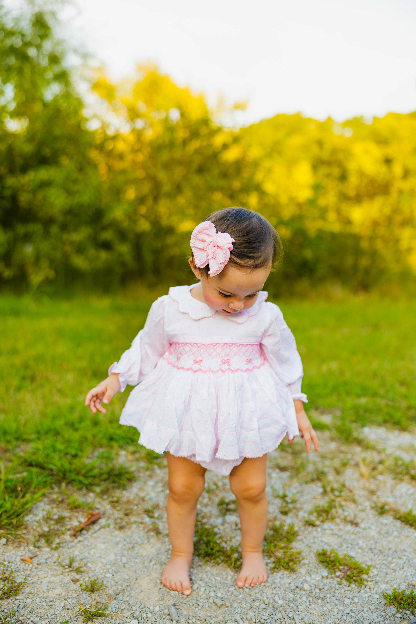 Smocked Pink Bow Bloomer Set- Long Sleeve