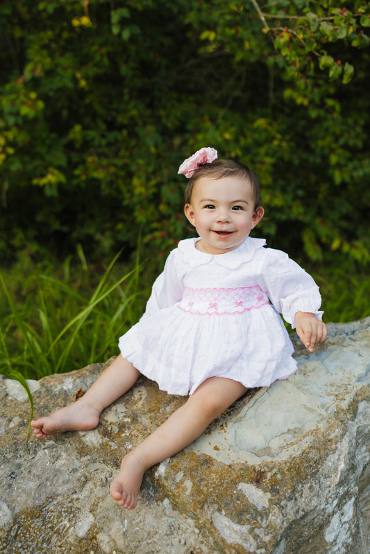 Smocked Pink Bow Bloomer Set- Long Sleeve