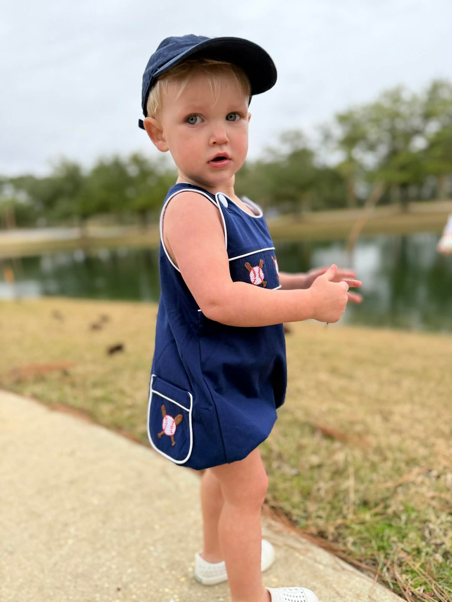Boys Navy Smocked Baseball Bubble