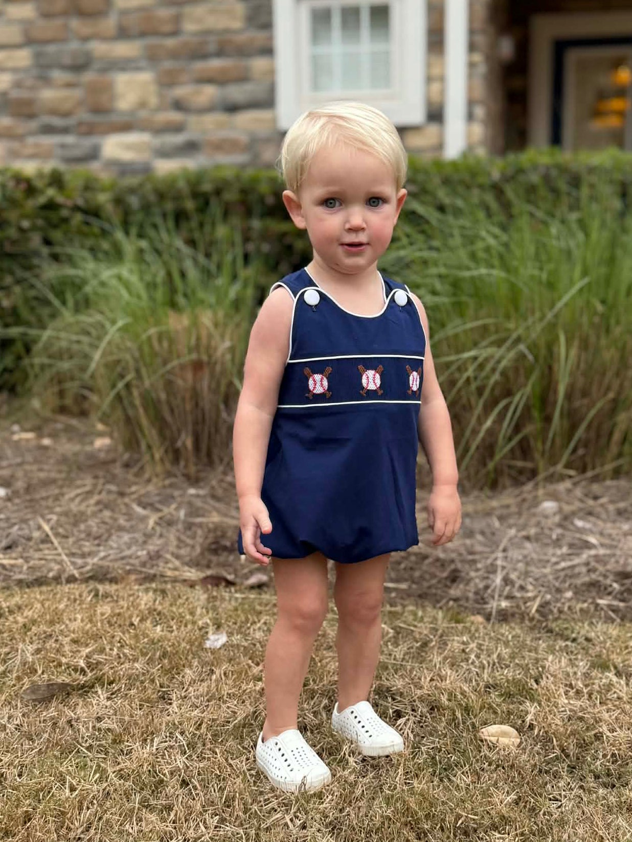 Boys Navy Smocked Baseball Bubble