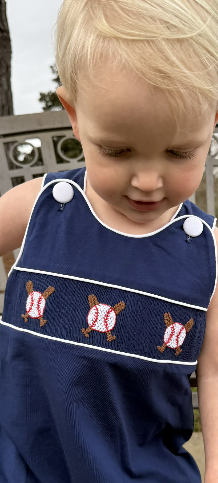Boys Navy Smocked Baseball Bubble