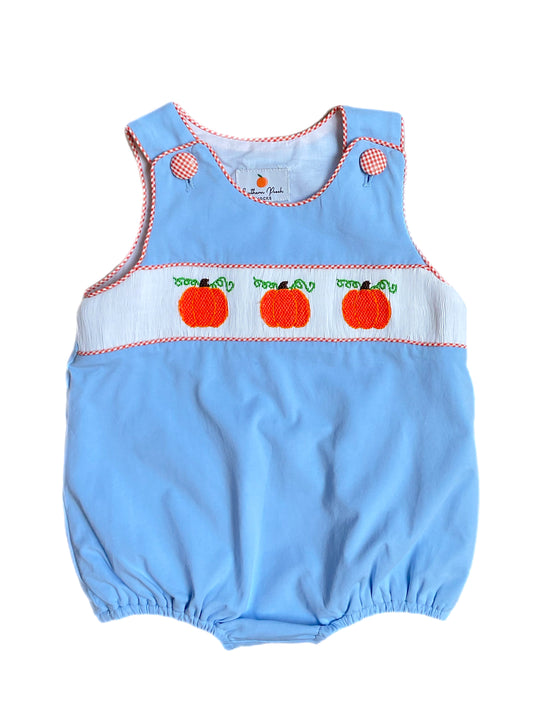 hand smocked pumpkin bubble outfit for boys