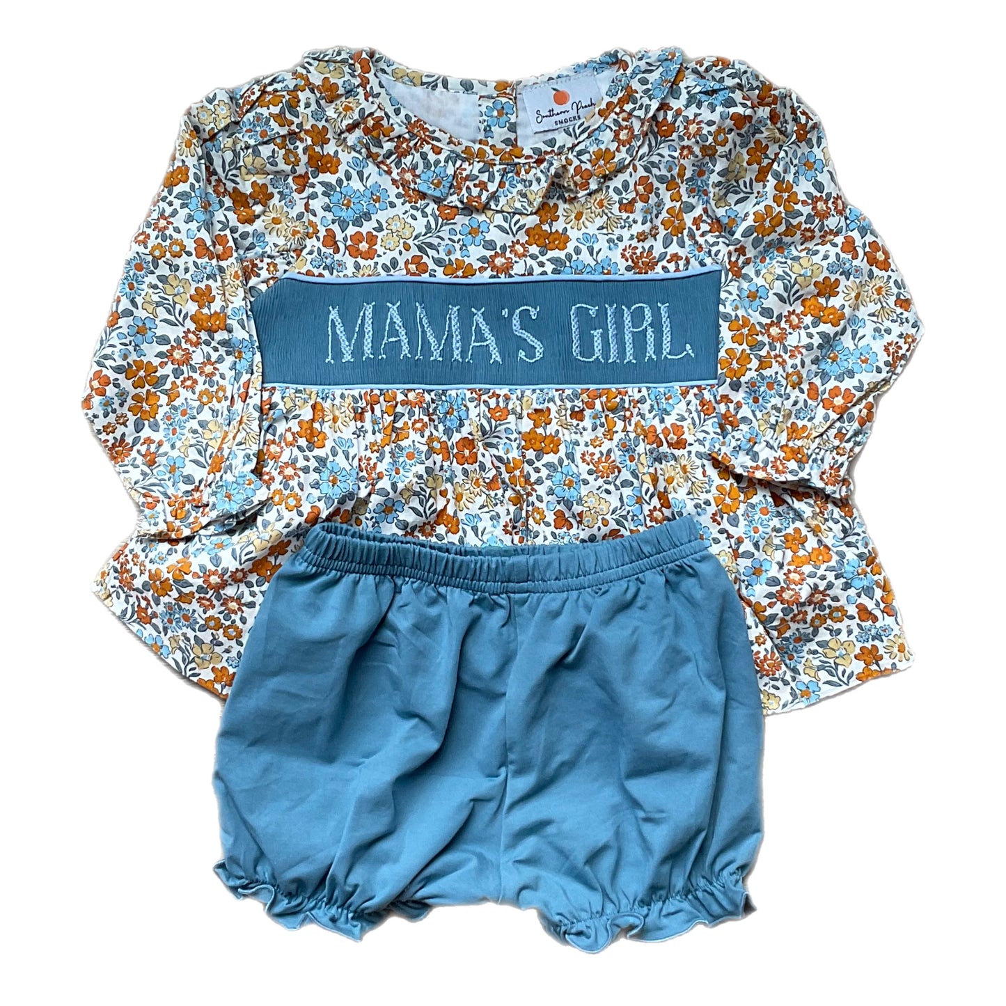 Girl’s  Floral Bubble Short Set (Smocking says Mama’s Girl)