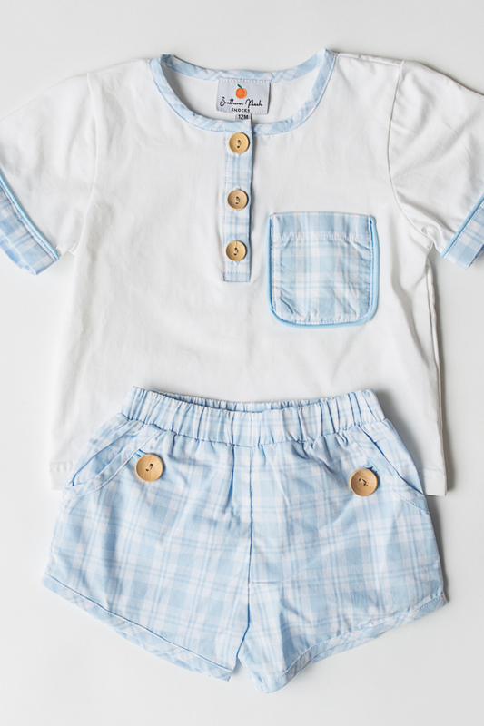 Boy's Blue & White Plaid Short Set