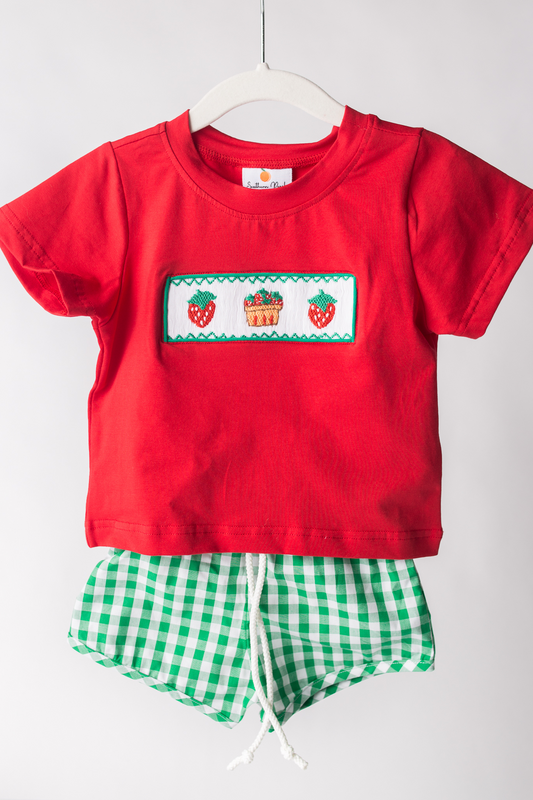 Smocked Strawberries Boy's Short Set